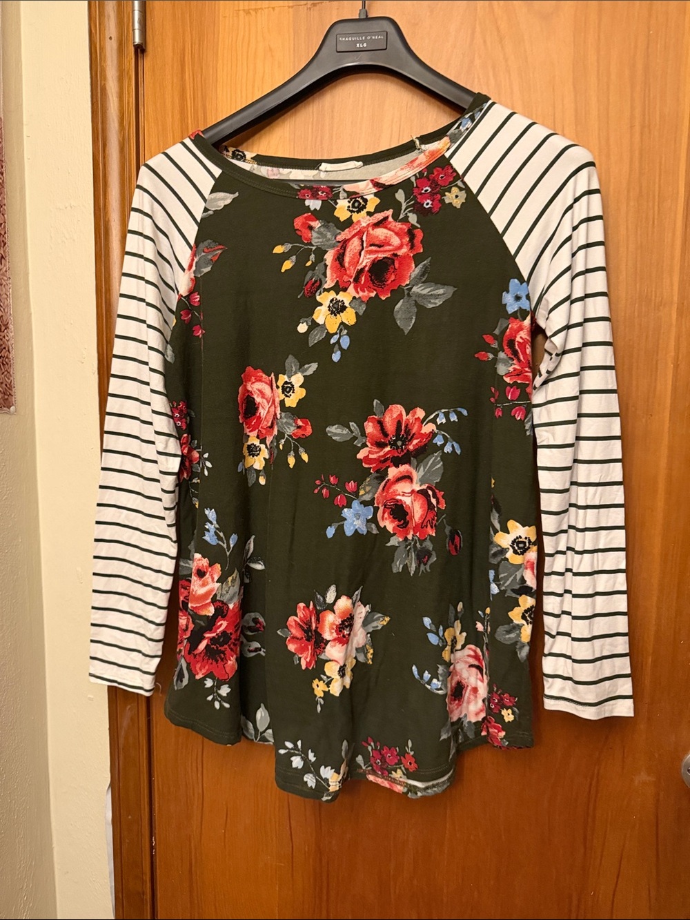 Reborn J Olive Floral Raglan Top with Black-White Striped Sleeves